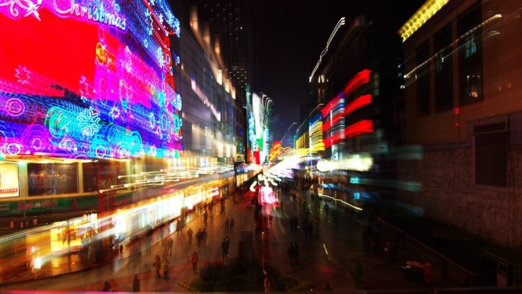 Chengdu, Light trails, Night, Blurred, Neon HD Wallpaper Desktop Background