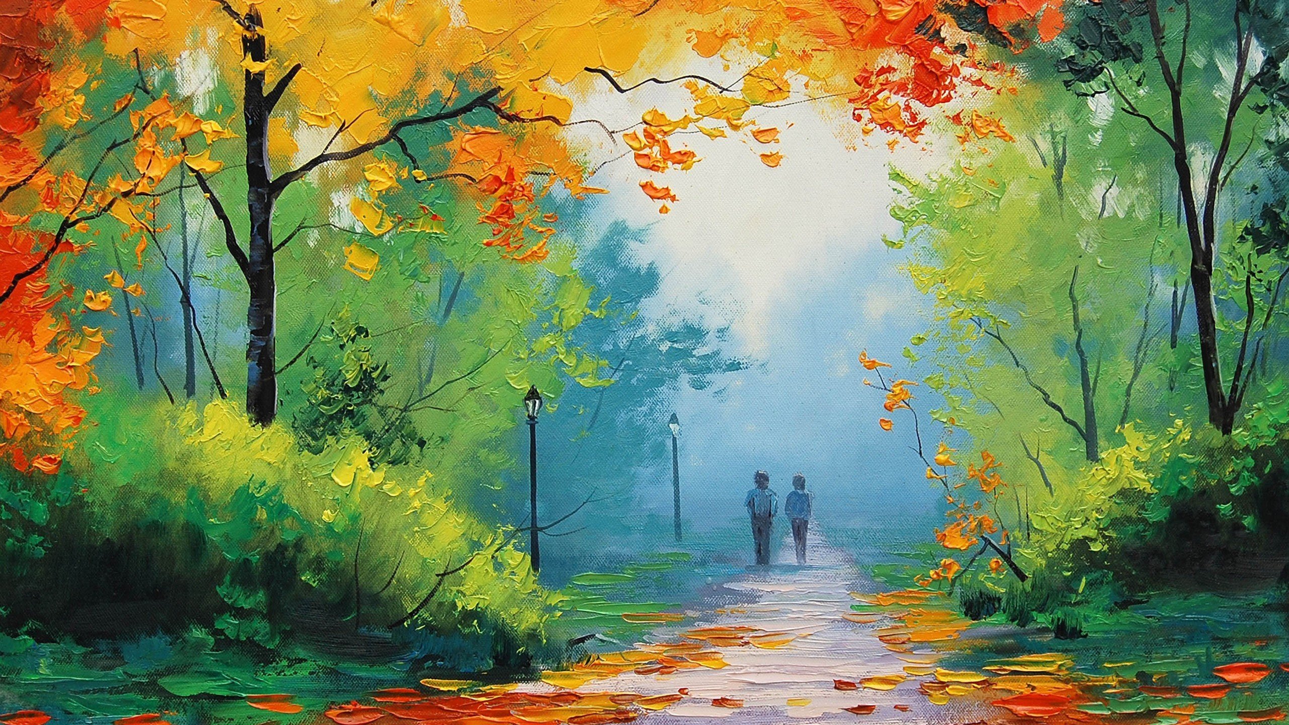 painting, Green, Yellow, Blue, Fall, Park, Path, Graham Gercken Wallpaper