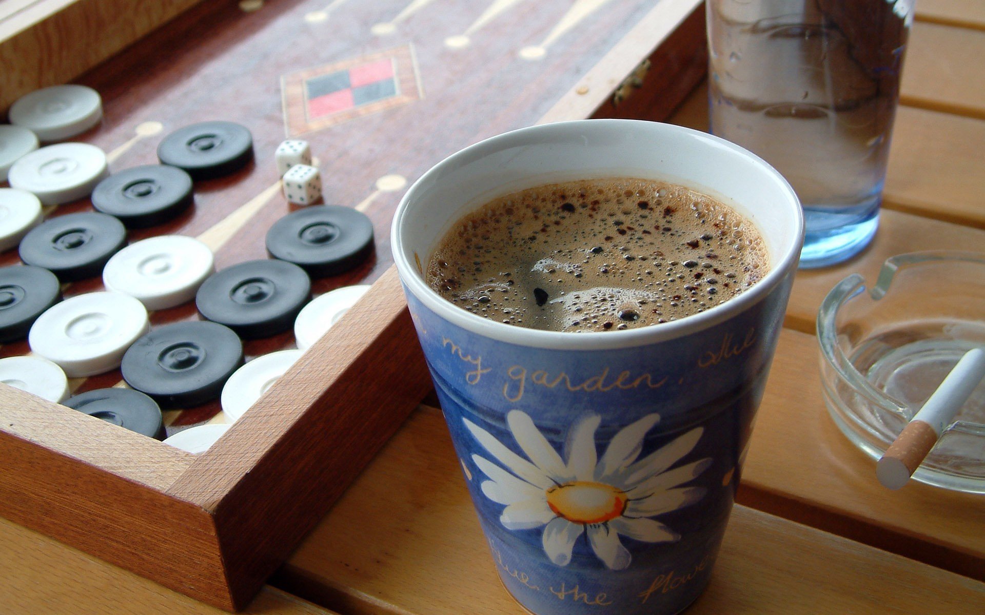 board games, Dice, Coffee, Cup, Wooden surface, Cigarettes Wallpaper