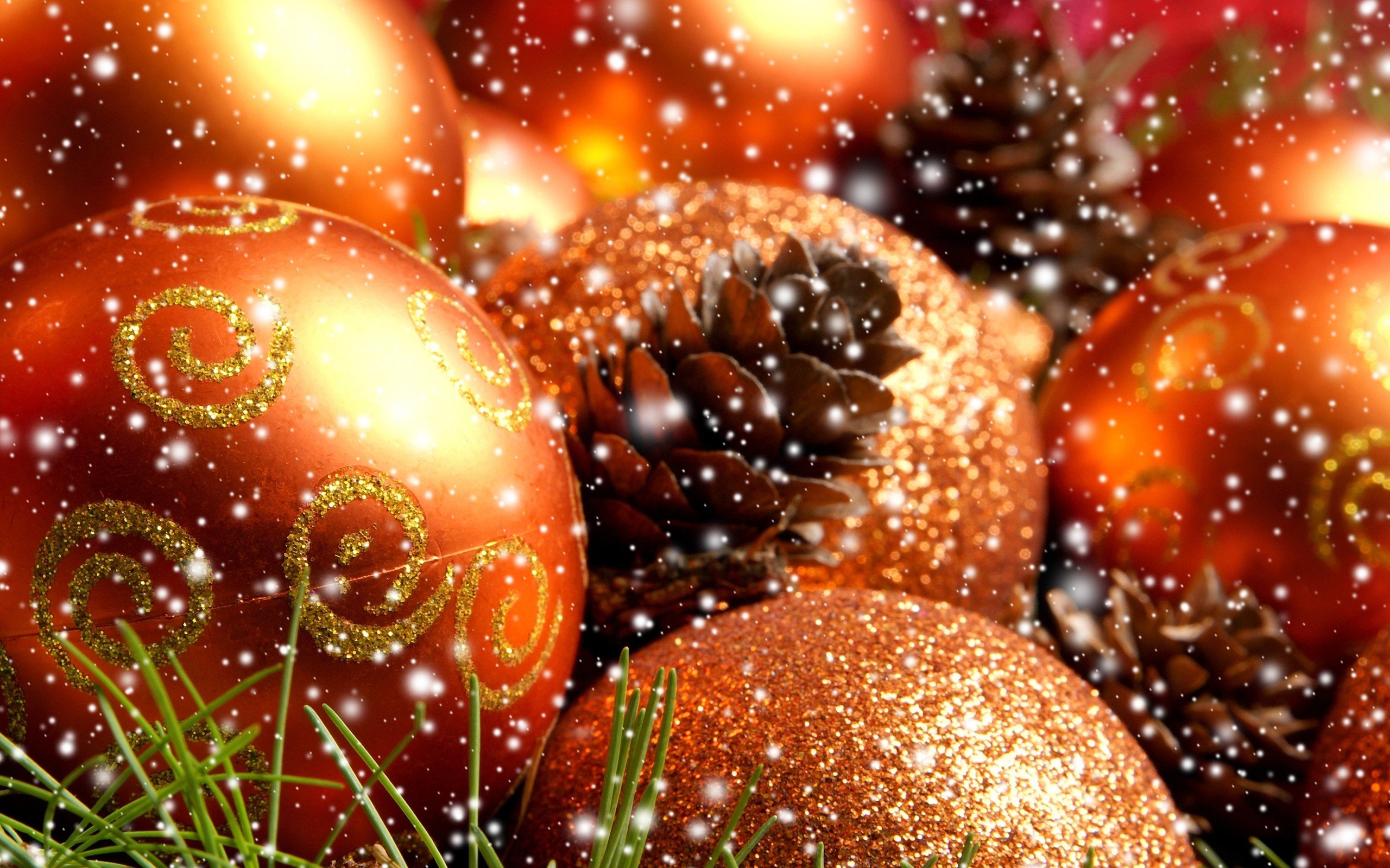 New Year, Snow, Christmas ornaments, Cones Wallpaper