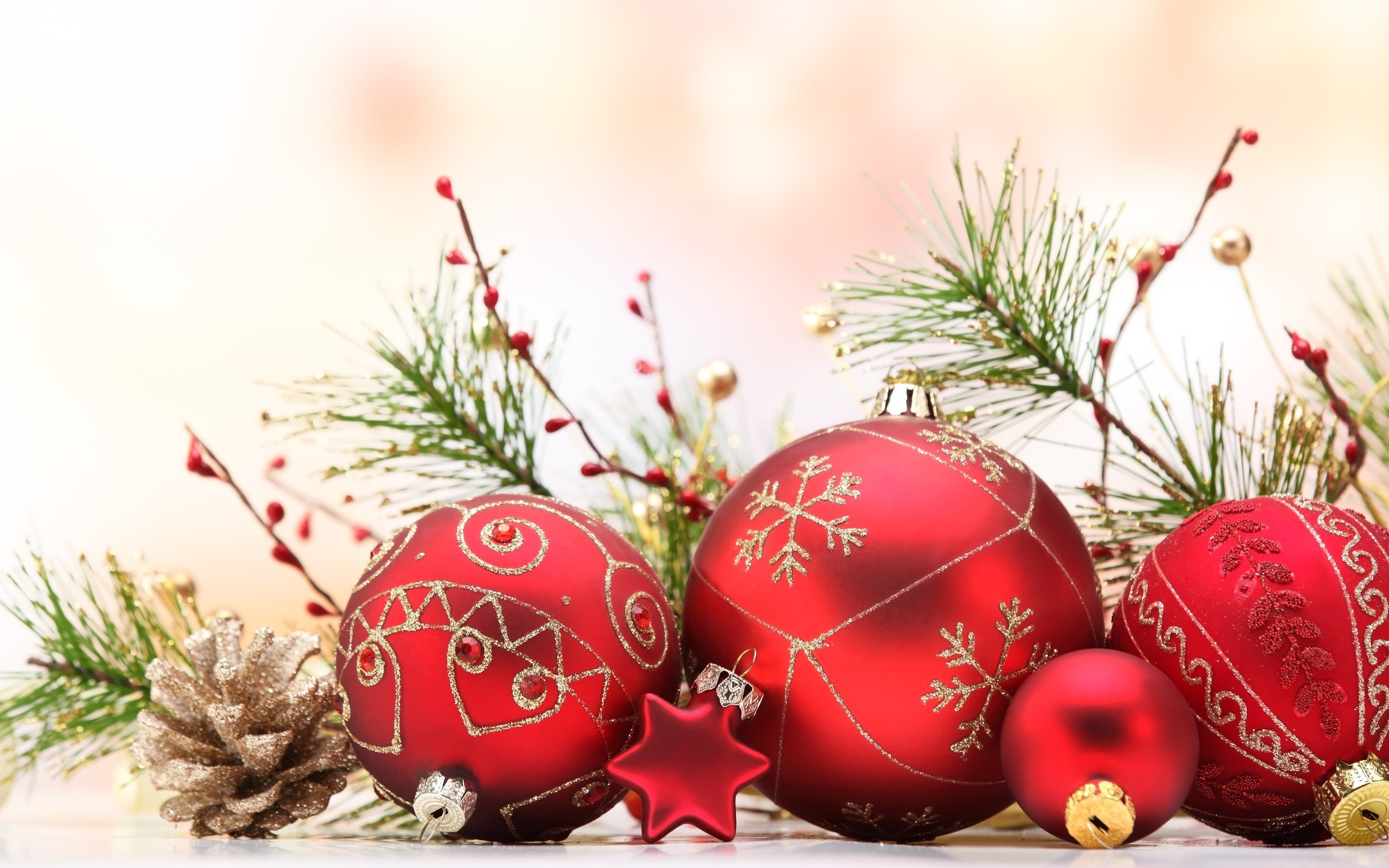 New Year, Snow, Christmas ornaments, Cones, Decorations Wallpaper