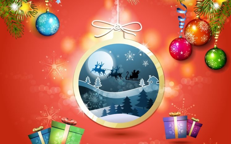 New Year, Snow, Christmas ornaments, Presents, Christmas sleigh HD Wallpaper Desktop Background