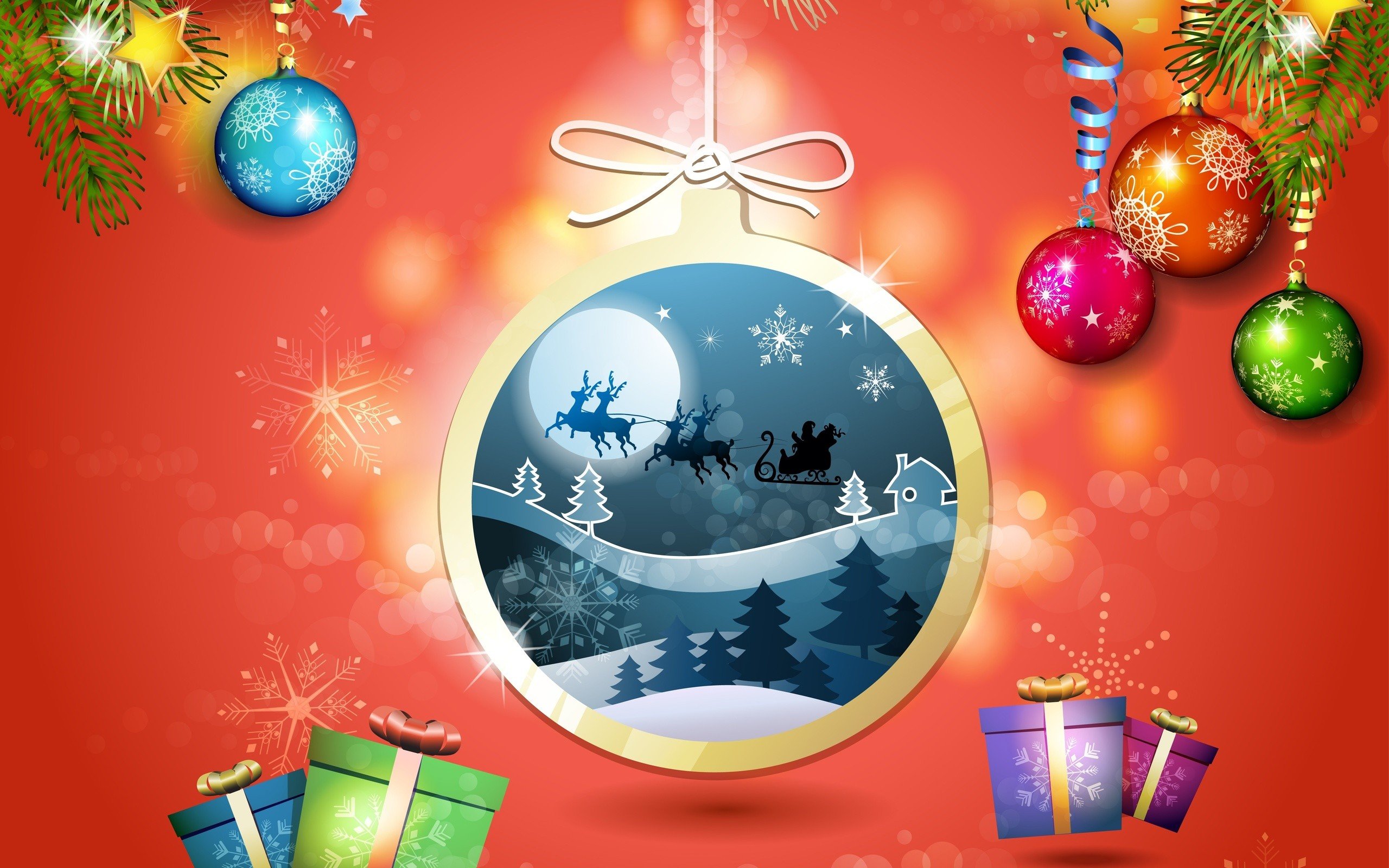 New Year, Snow, Christmas ornaments, Presents, Christmas sleigh Wallpaper