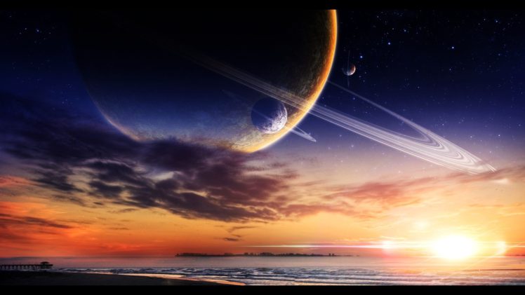 stars, Space, Galaxy, Clouds, Saturn, Moon, Satellite, Sunset, Water, Sea, Waves HD Wallpaper Desktop Background