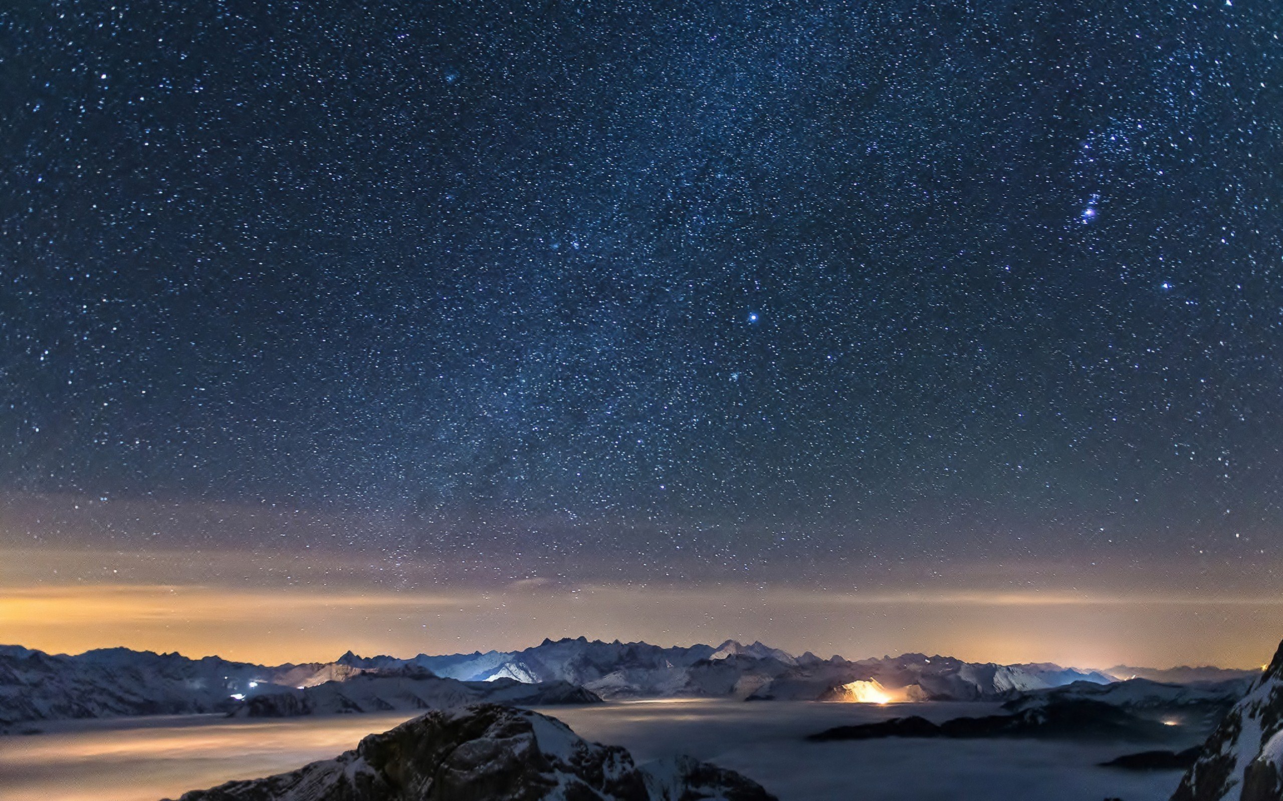 stars, Space, Galaxy, Clouds, Mountains, Mist, Snowy peak Wallpaper