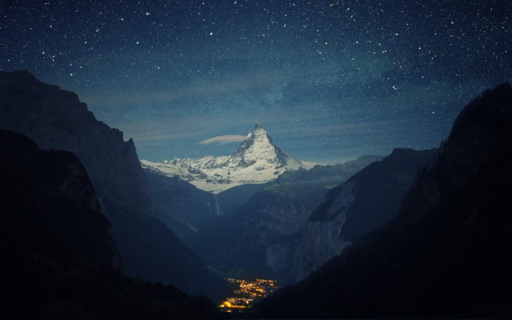 stars, Space, Galaxy, Clouds, Mountains, Snowy peak, Snow HD Wallpaper Desktop Background