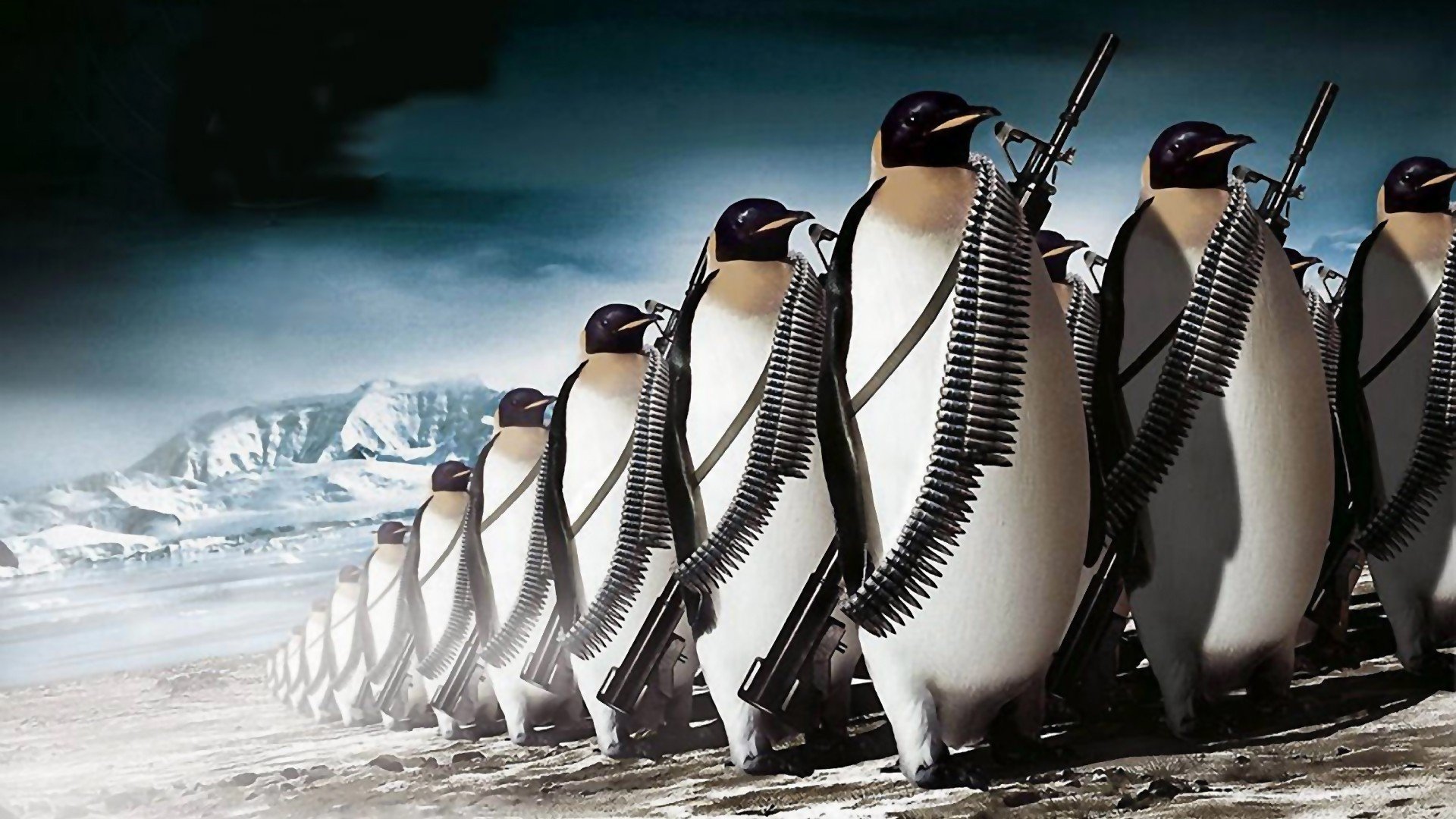 penguins, Machine gun, War, Digital art Wallpaper
