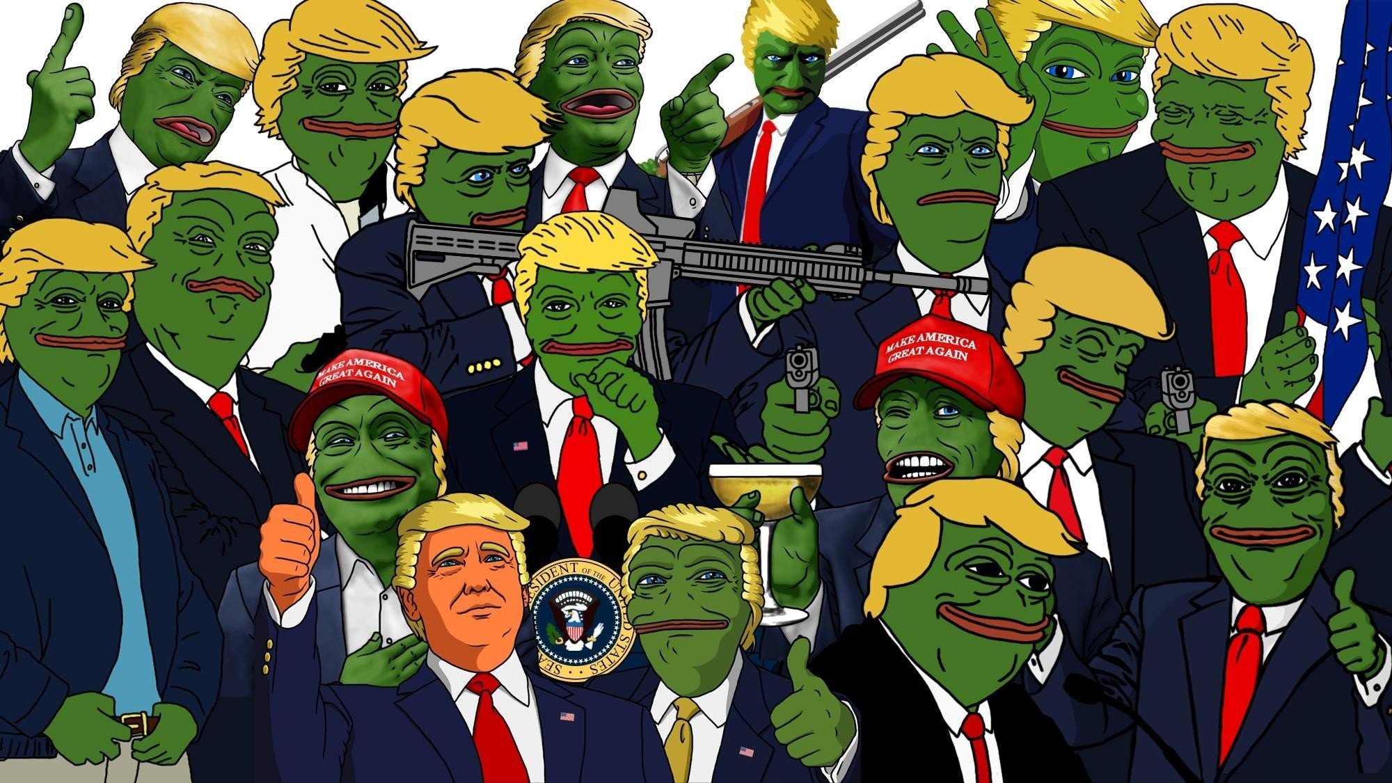 Donald Trump, Pepe (meme), Sadfrog, Kek, North America, USA, Freedom, Memes, Gun, Politics Wallpaper