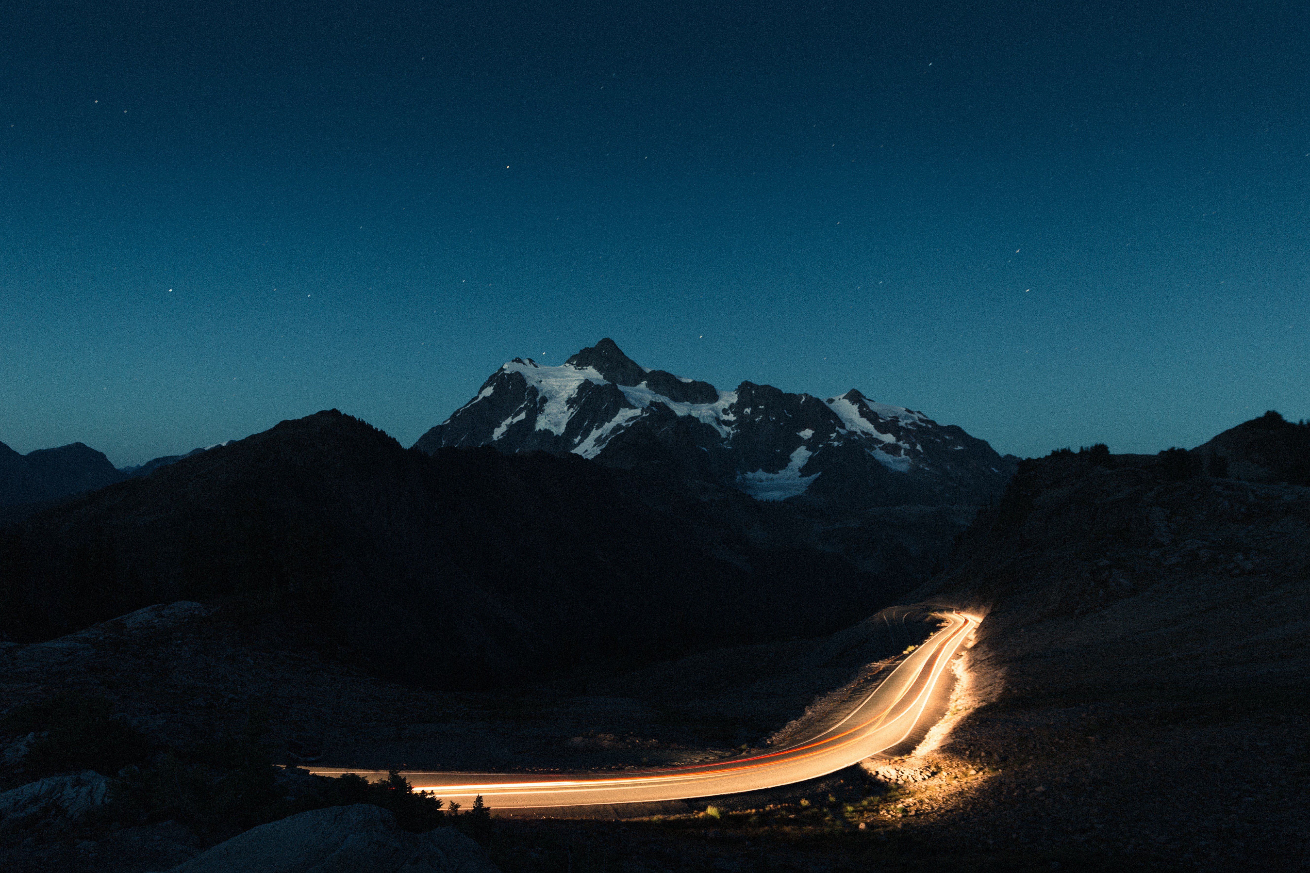 mountains, Snow, Road, Lights, Stars, Nature Wallpaper