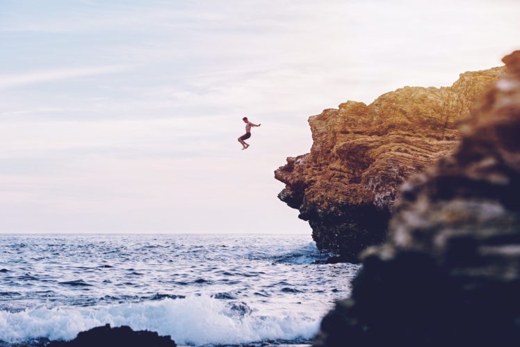 men, Nature, Jumping, Cliff, Landscape, Sea HD Wallpaper Desktop Background