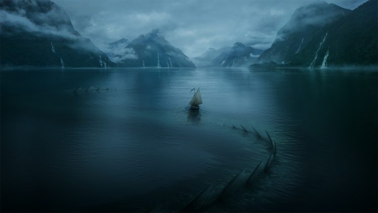 digital art, Mountains, Lake, Ship, Sea monsters, Mist HD Wallpaper Desktop Background