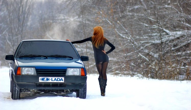 women, Redhead, Long hair, Women outdoors, Hands on hips, Snow, LADA, Car HD Wallpaper Desktop Background