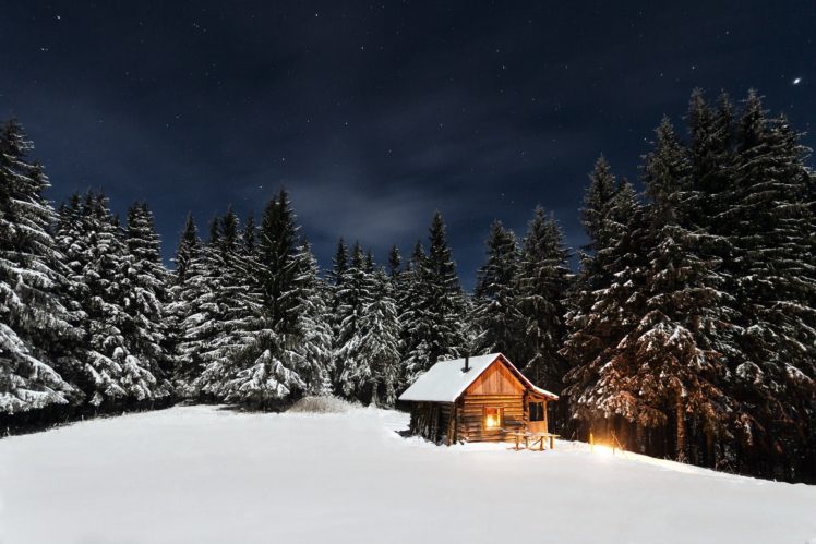 snow, Pine trees, Stars, Cabin HD Wallpaper Desktop Background