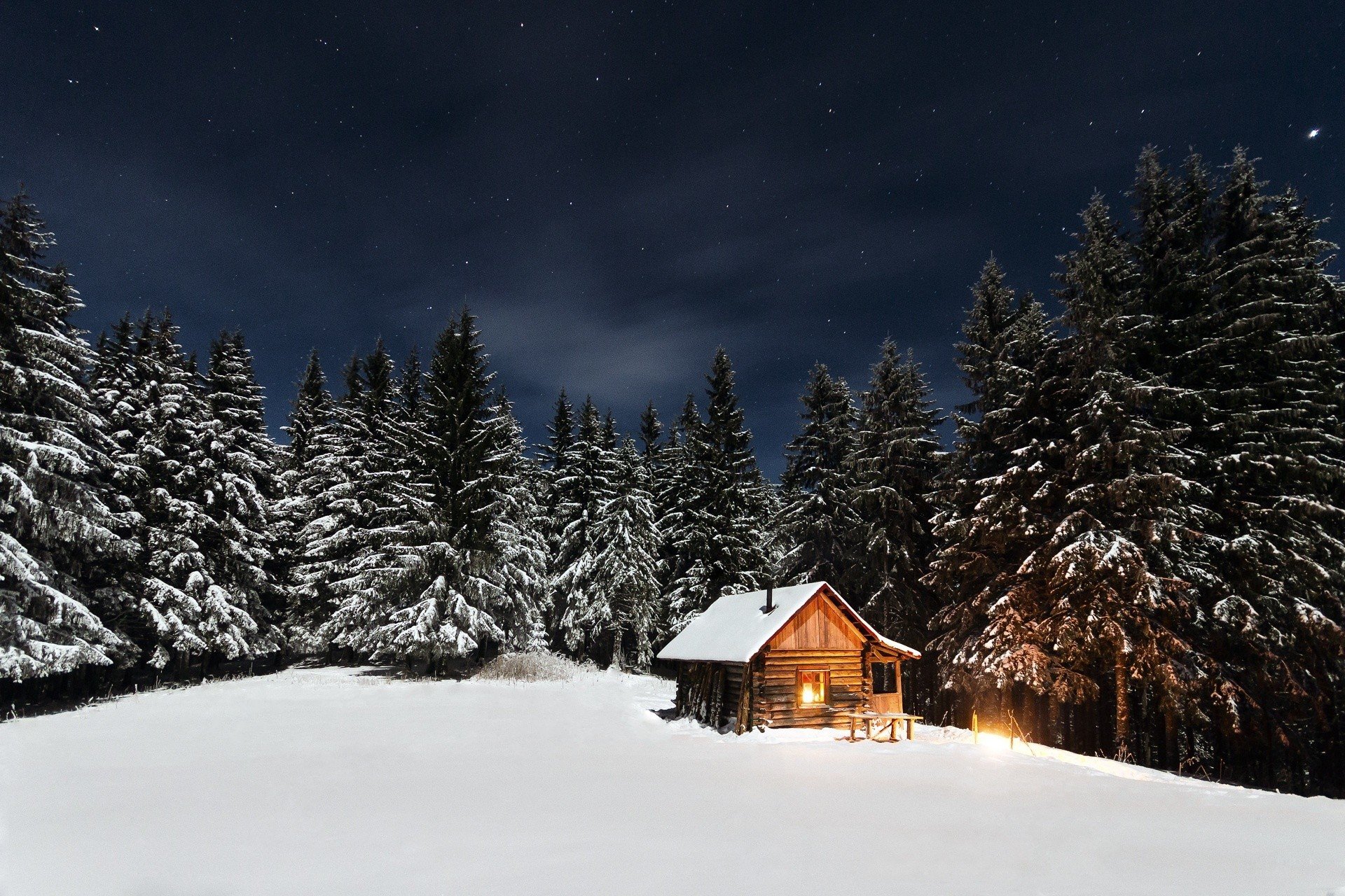snow, Pine trees, Stars, Cabin Wallpaper
