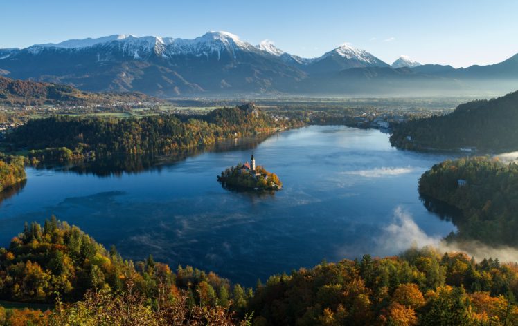 castle, River, Mountains, Slovenia, Lake Bled, Church HD Wallpaper Desktop Background