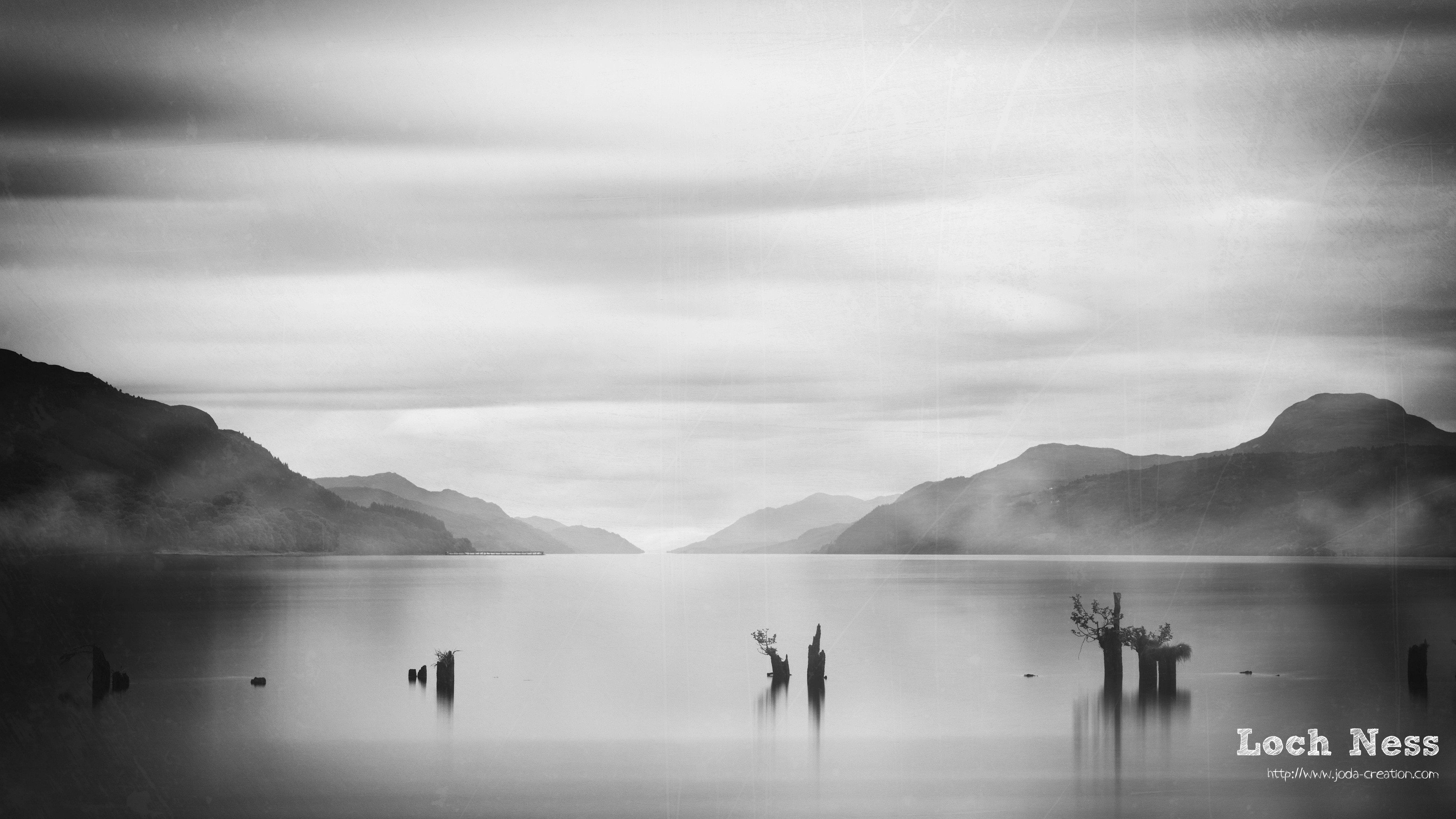 nature, Landscape, Clouds, Water, Loch Ness, Scotland, UK, Lake, Mist, Monochrome, Scottish Highlands, Calm, Long exposure, Mountains Wallpaper