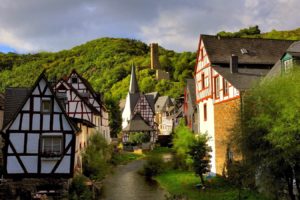 architecture, Building, Old building, Water, Germany, Village, House, Stream, Trees, Nature, Landscape, Forest, Tower, Hills, Ruin, Clouds
