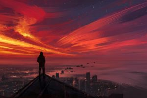 Looking into the distance, Cityscape, Painting, Sunset