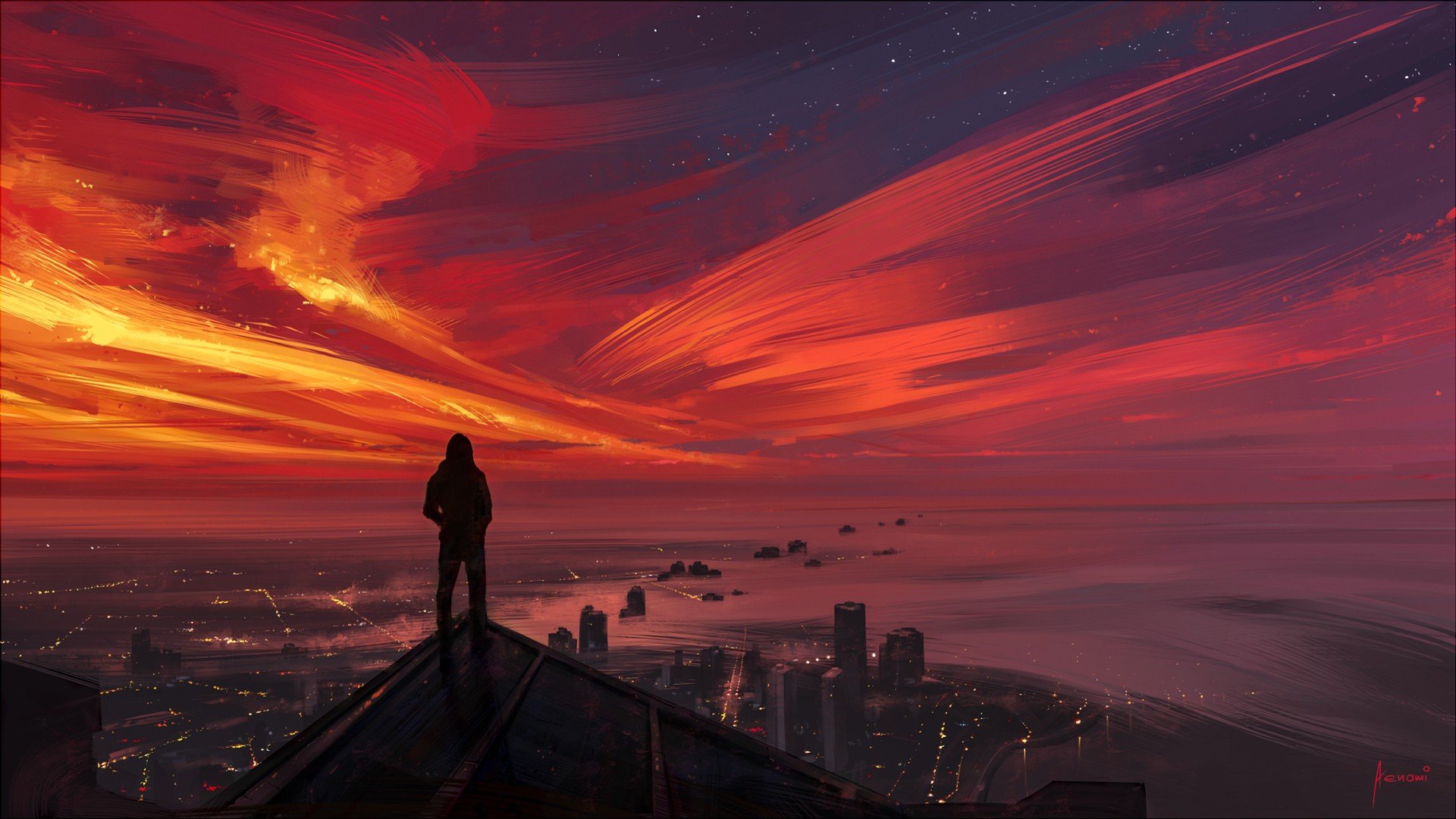 Looking into the distance, Cityscape, Painting, Sunset Wallpaper