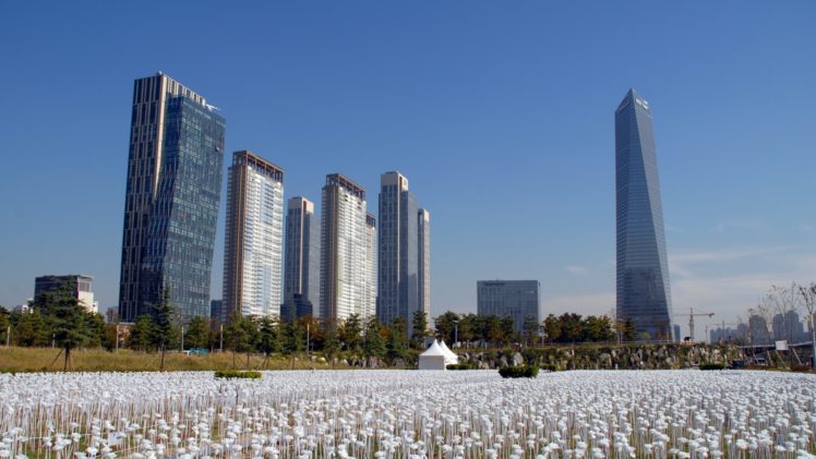 architecture, Building, Skyscraper, Cityscape, South Korea, Songdo, Trees HD Wallpaper Desktop Background