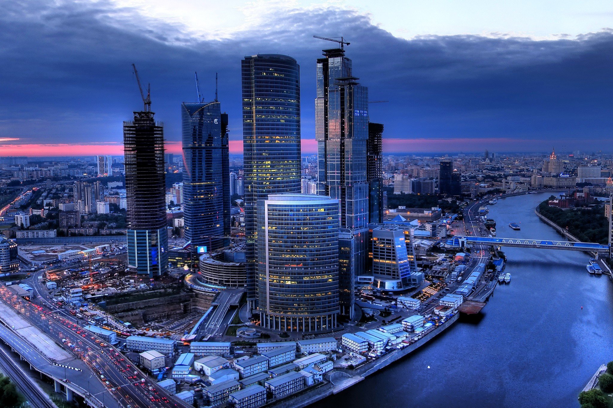architecture, Building, Skyscraper, Cityscape, Moscow, Russia, River, Bridge, Clouds, Evening, Sunset, Cranes (machine), Lights Wallpaper