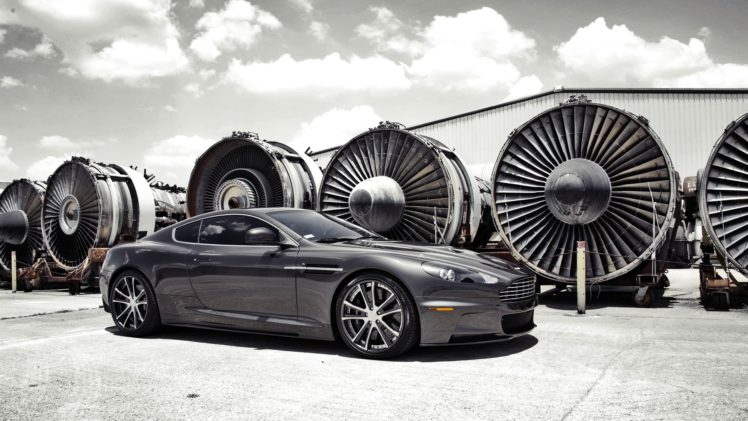 vehicle, Car, Turbines, Aston Martin, Aston Martin DBS, Hangar, Clouds, Sunlight HD Wallpaper Desktop Background