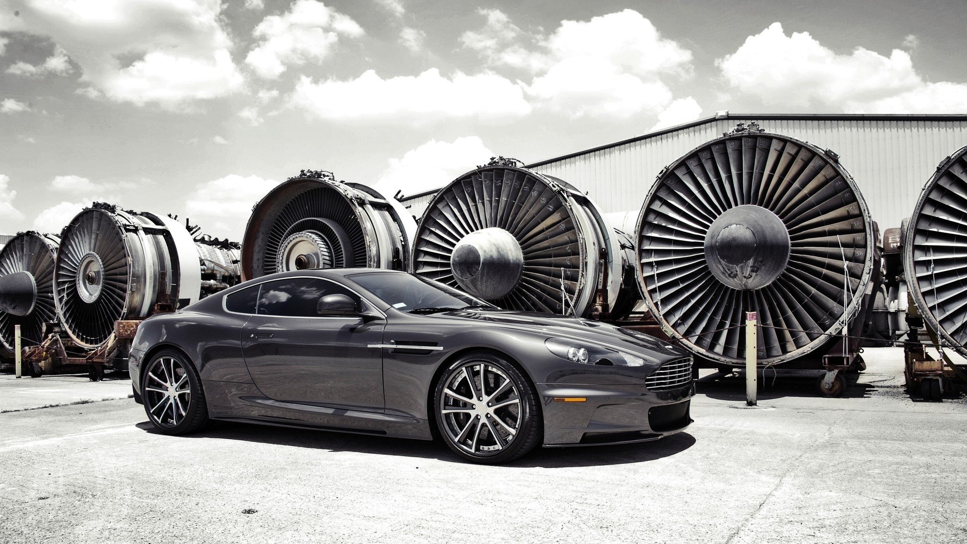 vehicle, Car, Turbines, Aston Martin, Aston Martin DBS, Hangar, Clouds, Sunlight Wallpaper