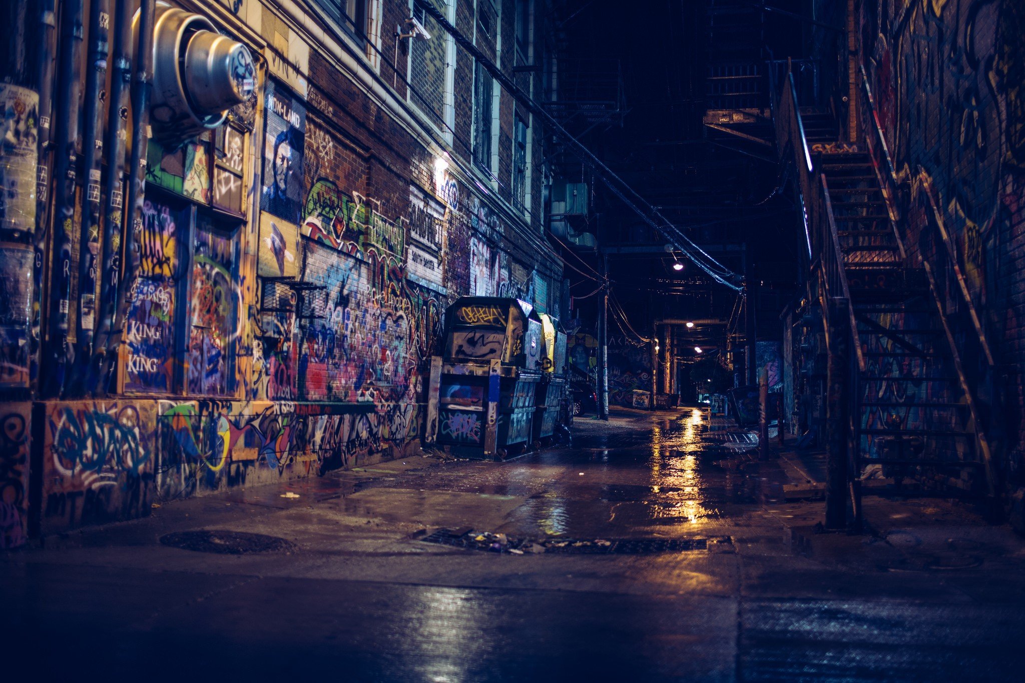 photography, Street, Alleyway, City, Night, Graffiti, Reflection, Building, Stairs Wallpaper