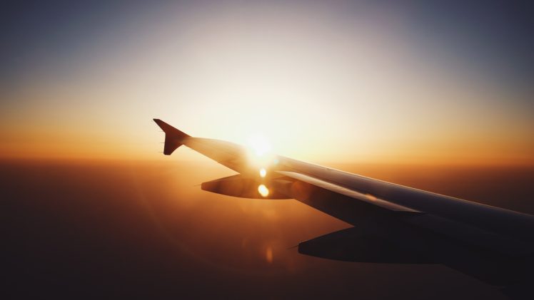 airplane, Airplane wing, Sunset, Lens flare HD Wallpaper Desktop Background