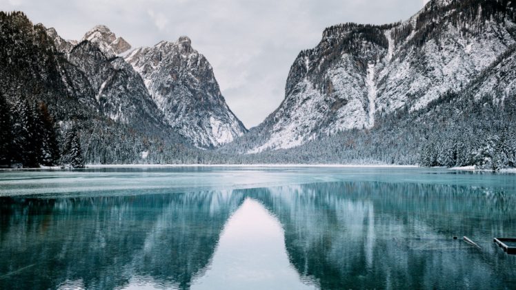 Italy, Toblacher See, Lake, Landscape, Mountains, Snow, Snowy peak HD Wallpaper Desktop Background