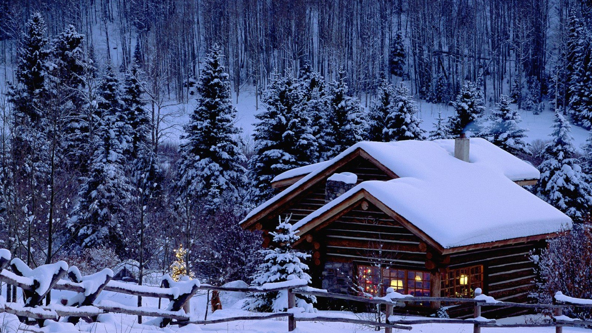 Christmas, Snow, Pine trees, Cabin Wallpaper