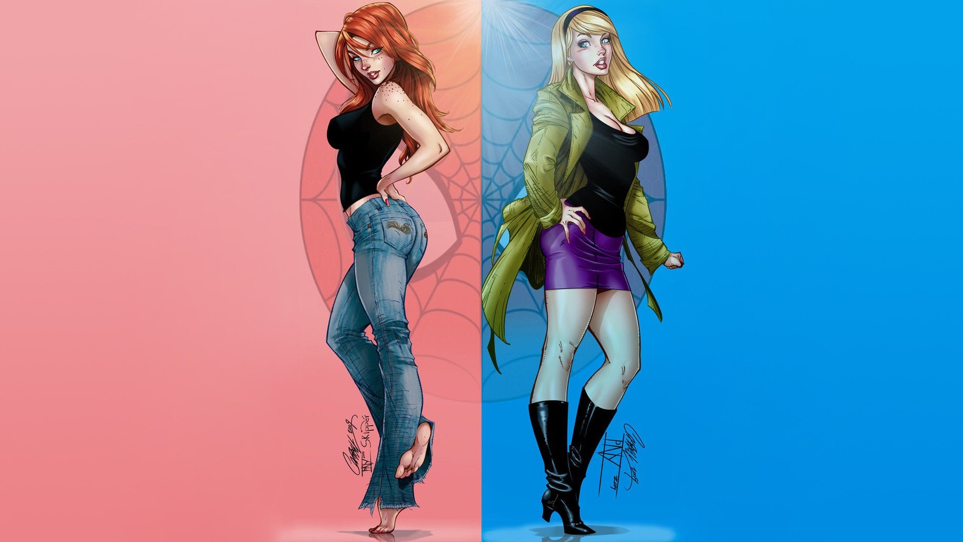 Mary Jane, Gwen Stacy, J. Scott Campbell, Women, Spider Man, Marvel Comics,  Pink, Blue, Collage, Artwork HD Wallpapers / Desktop and Mobile Images &  Photos