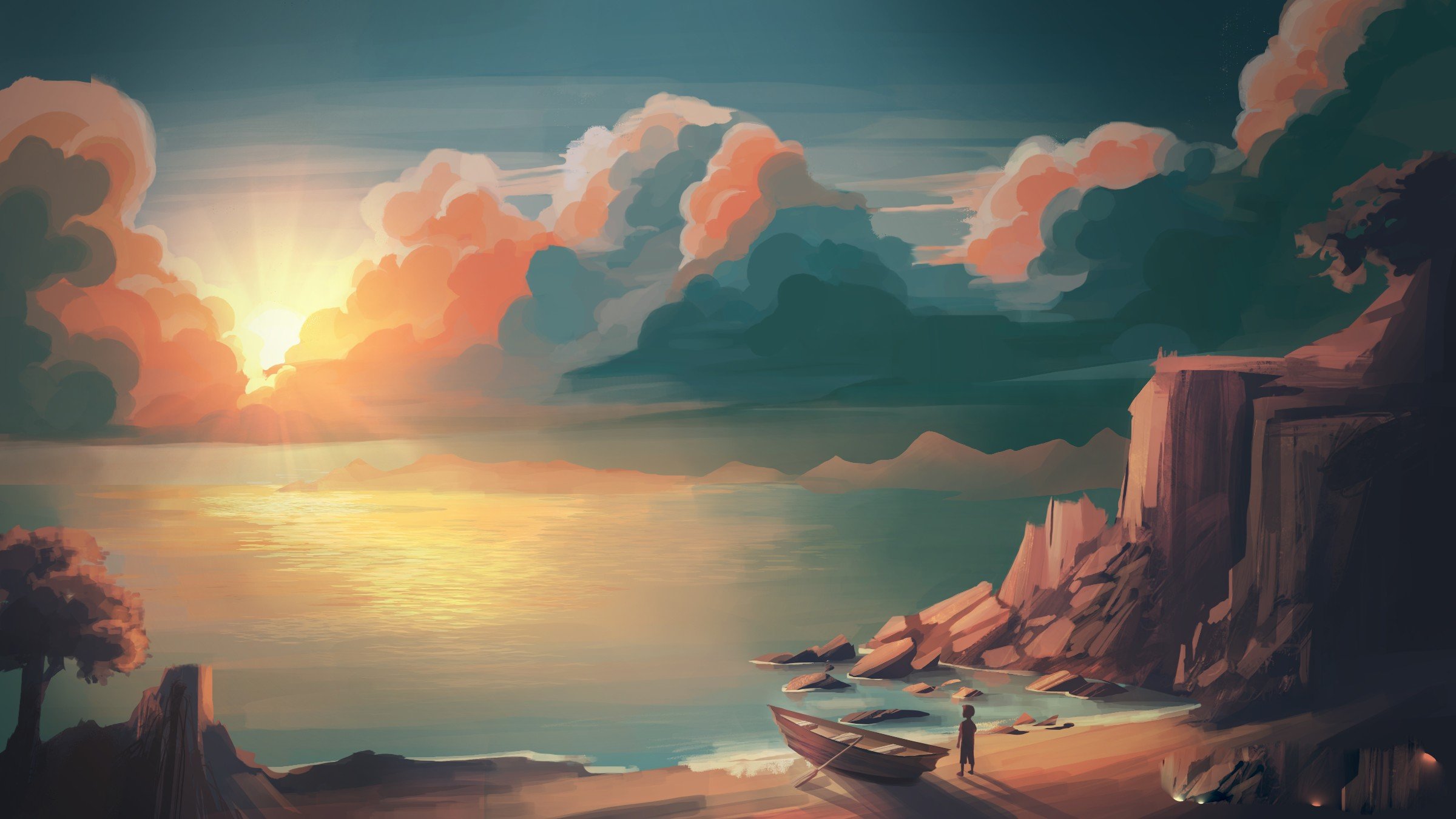 illustration, Sunset, Mountains, Sun, Artwork Wallpaper