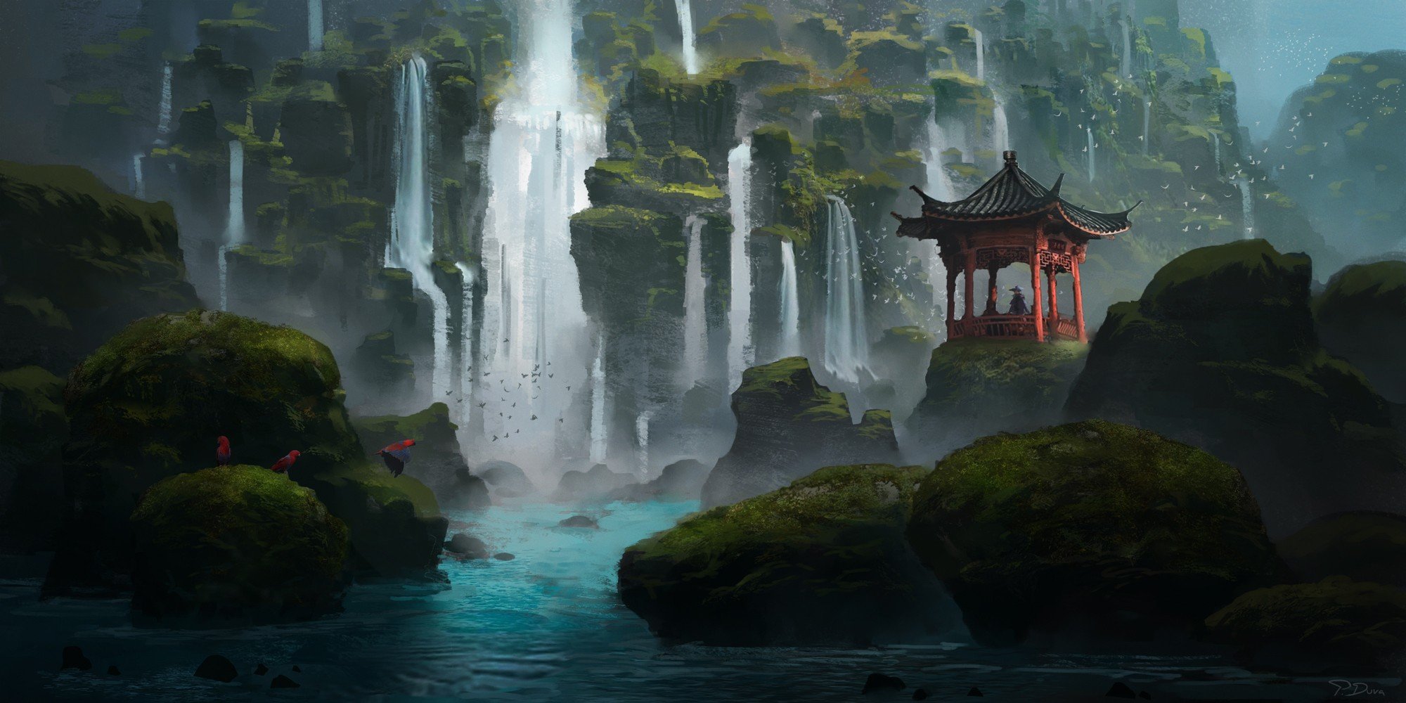 fantasy art, Waterfall, Shrine, Asian architecture Wallpaper