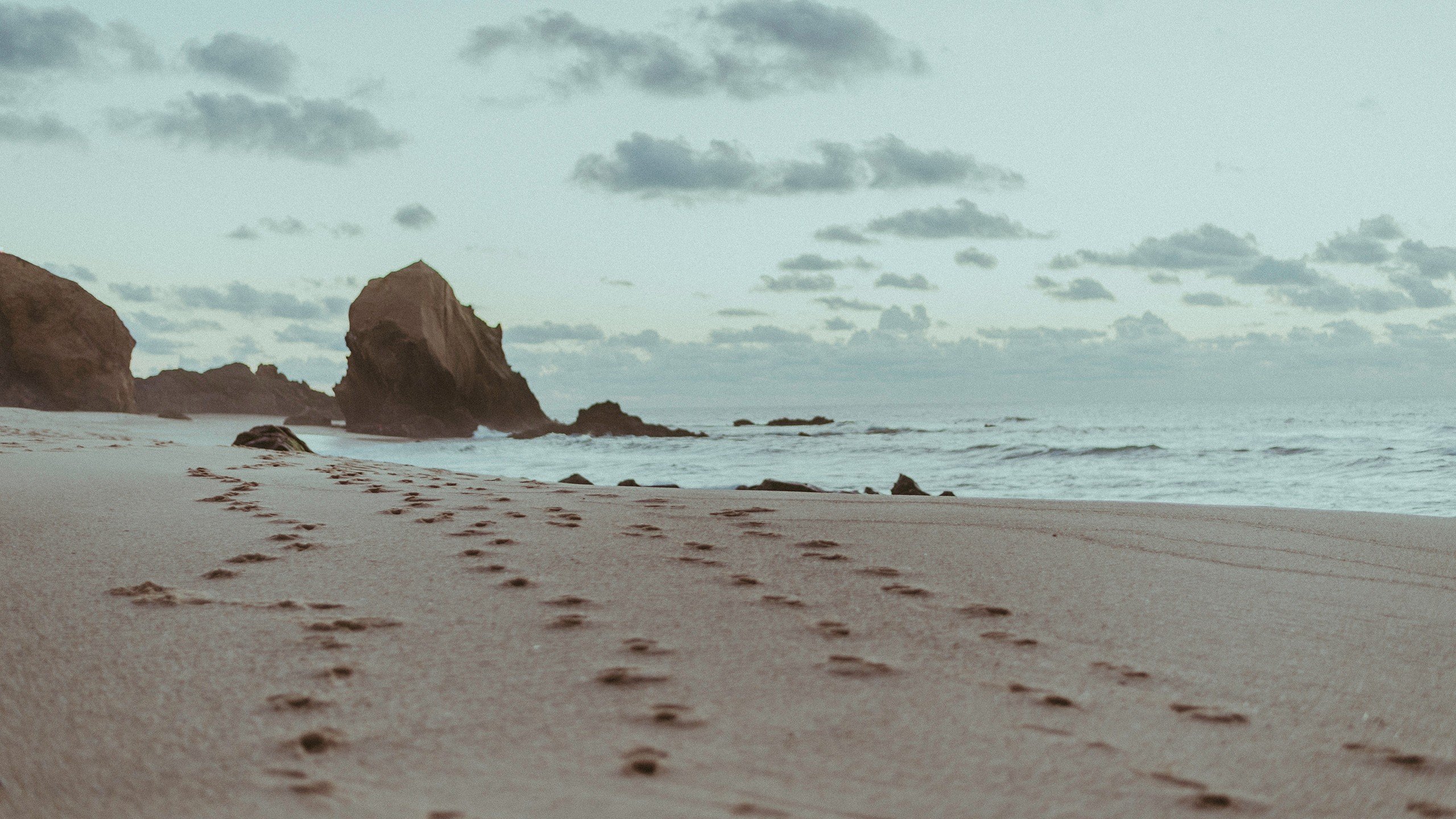 beach, Sand, Footprints, Rock Wallpaper