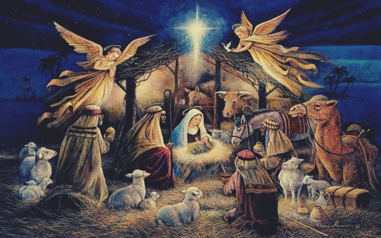 Virgin Mary, Jesus Christ, Christmas, Lights, Angel, Night, Religion, Painting, Christianity HD Wallpaper Desktop Background