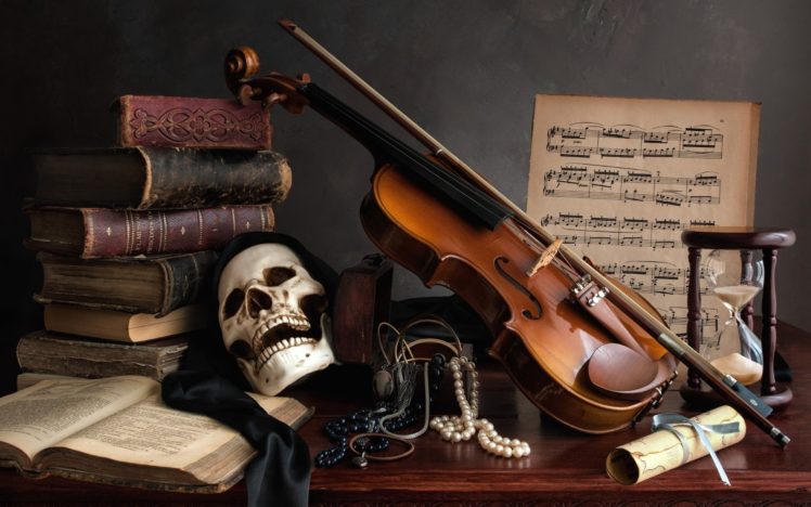 musical notes, Skull, Books, Musical instrument, Violin HD Wallpaper Desktop Background