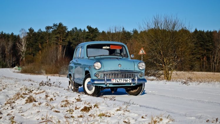 winter, Snow, Car, Vehicle, Blue cars, Moskvich, Russian cars HD Wallpaper Desktop Background