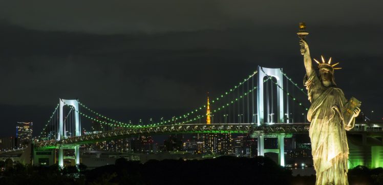 bridge, Night, Statue of Liberty, Japan HD Wallpaper Desktop Background