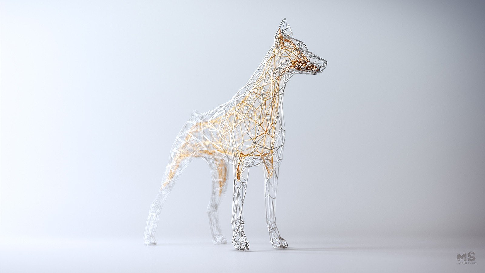Mateusz Szulik, Simple background, Digital art, Animals, Dog, CGI, Artwork, Wire, White background Wallpaper