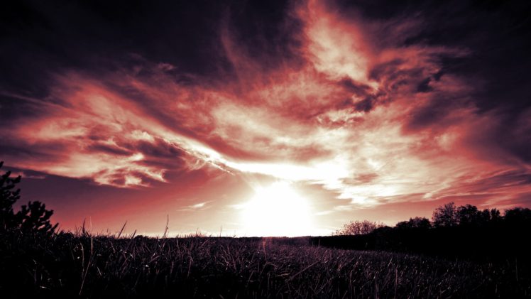 Red Cloud, Sunset, Red sun, Grass HD Wallpaper Desktop Background