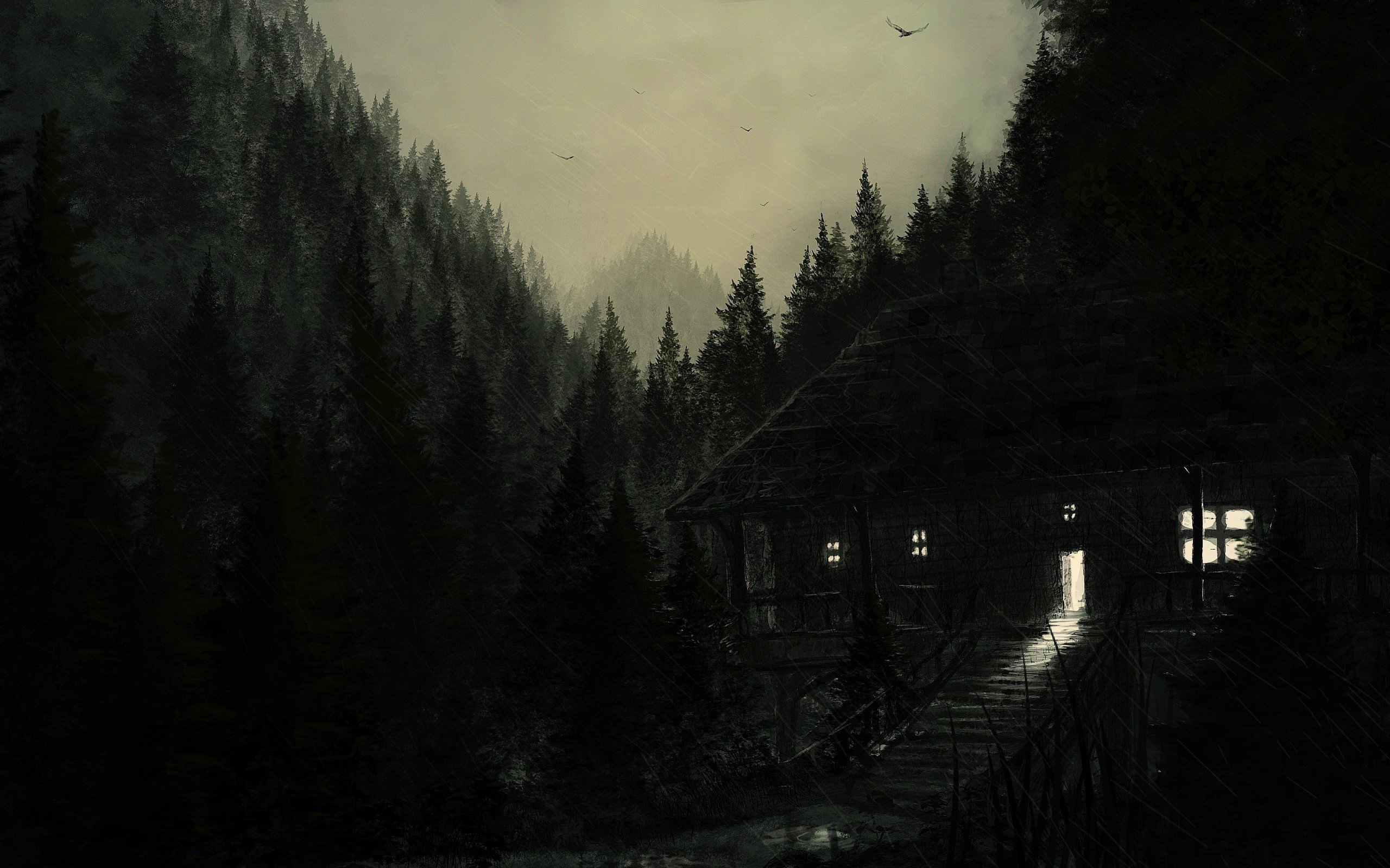 artwork, Dark, Mountains, Forest Wallpaper