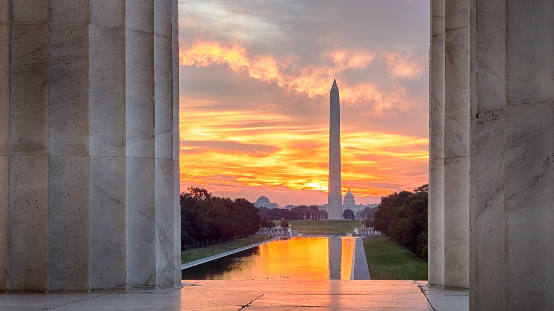 architecture, Building, City, Washington, D.C., Washington Monument, Lincoln Memorial, USA, Sunset, Column, Trees, Reflection Wallpaper