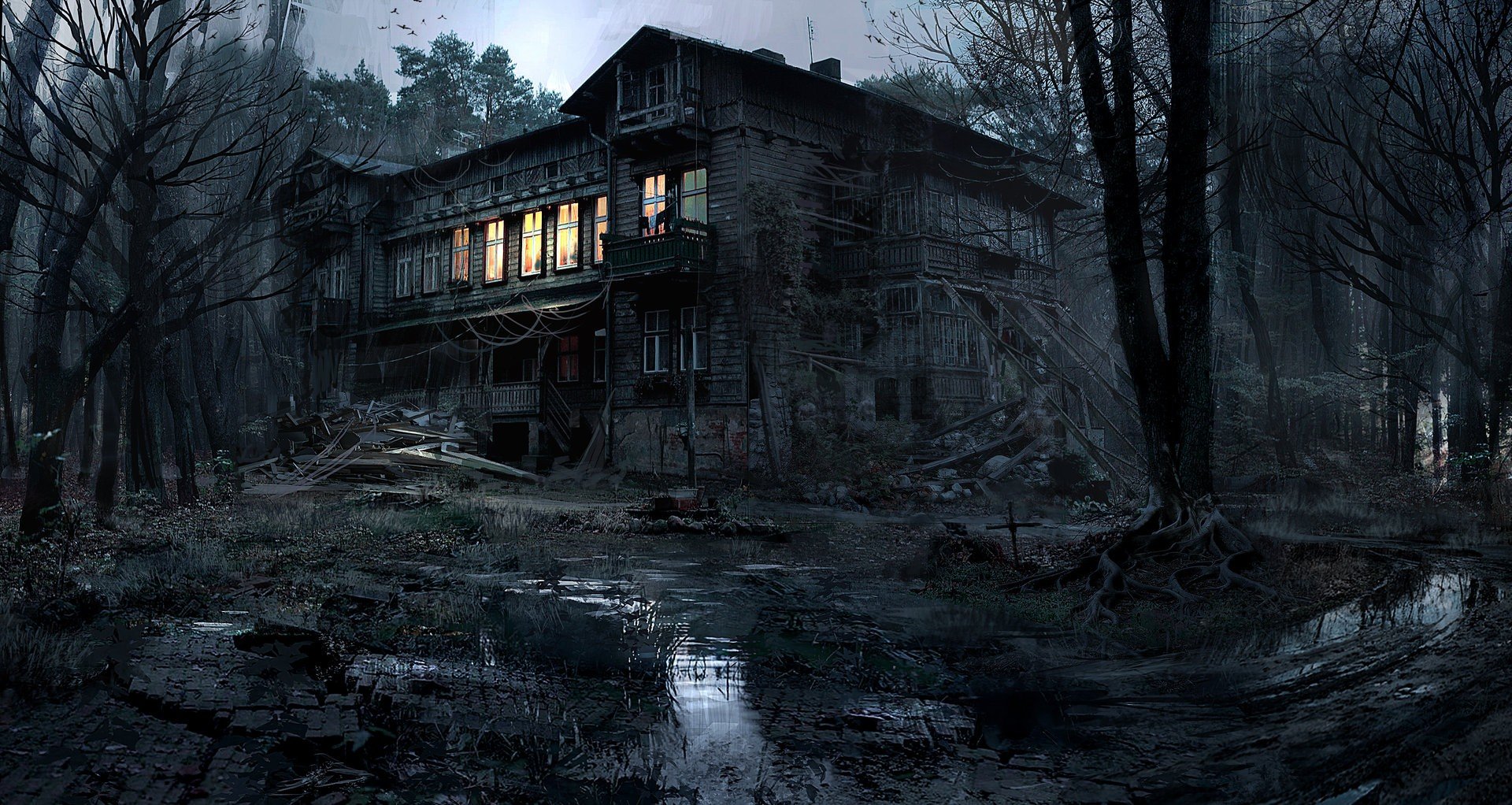 creepy, House, Lights, Nature, Trees, Forest, Night, Dark, Mud, Photography, Photoshop Wallpaper