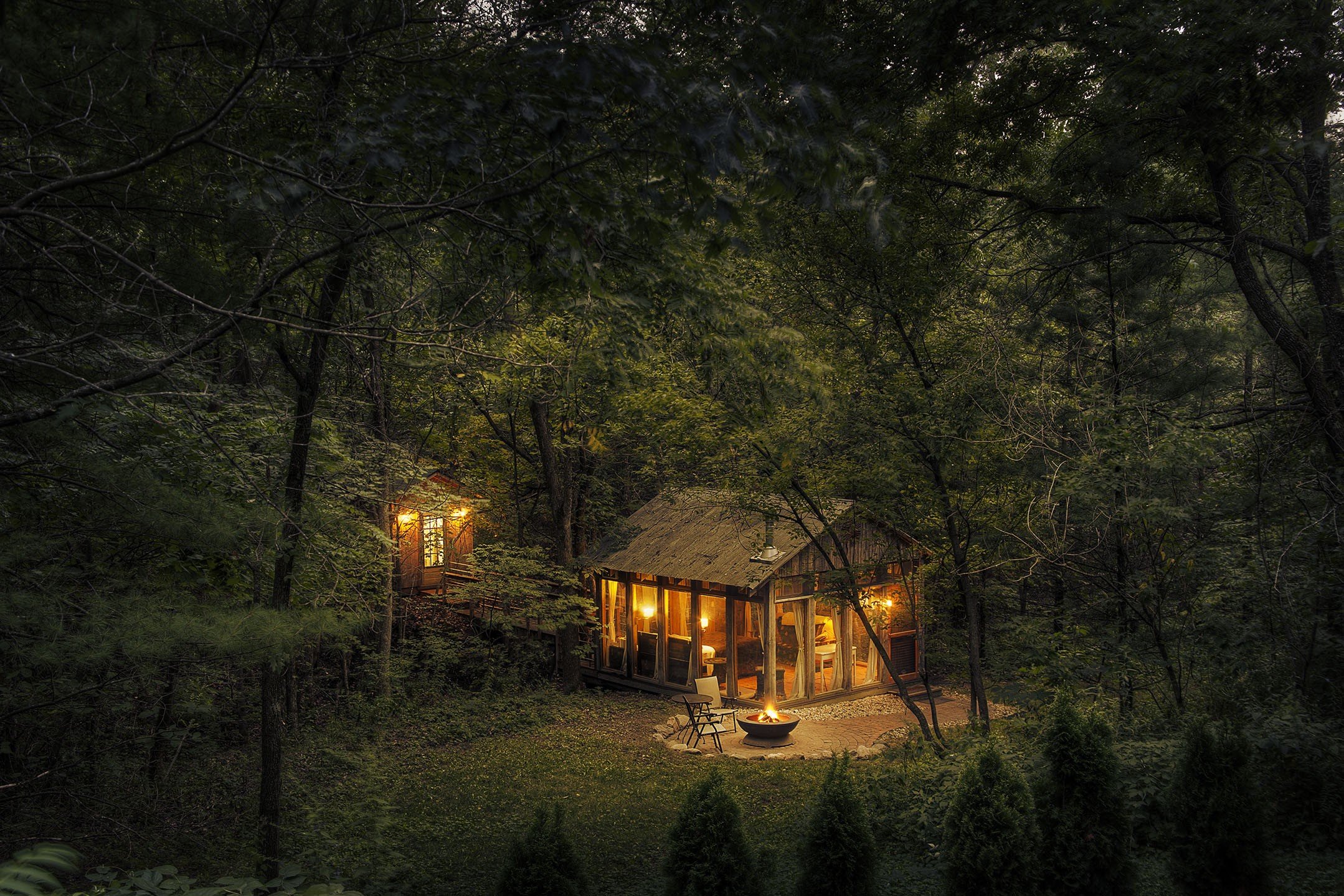 house, Lights, Nature, Trees, Forest, Cabin, Fire, Wood Wallpaper