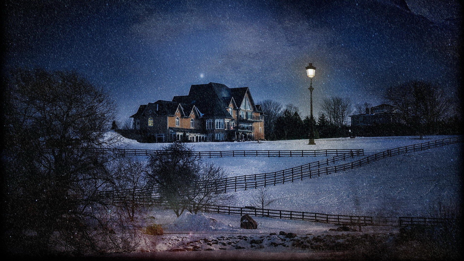 house, Lights, Nature, Trees, Forest, Night, Winter, Snow, Hills, Fence, Field, Stars, Lamp, Mansions Wallpaper