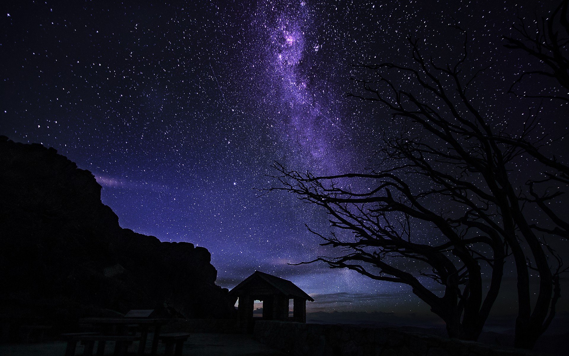 lights, Nature, Trees, Night, Stars, Cabin, Silhouette, Milky Way, Cliff, Rock Wallpaper