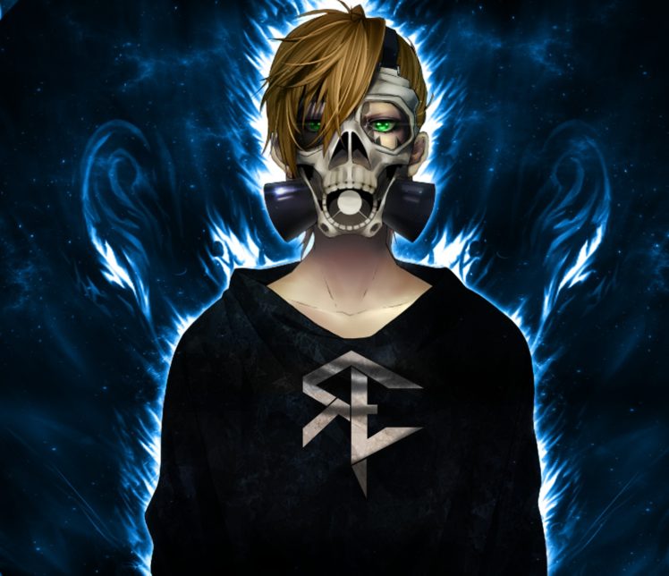blonde, Gas masks, Anime, Skull, Fire, Reinelex HD Wallpaper Desktop Background