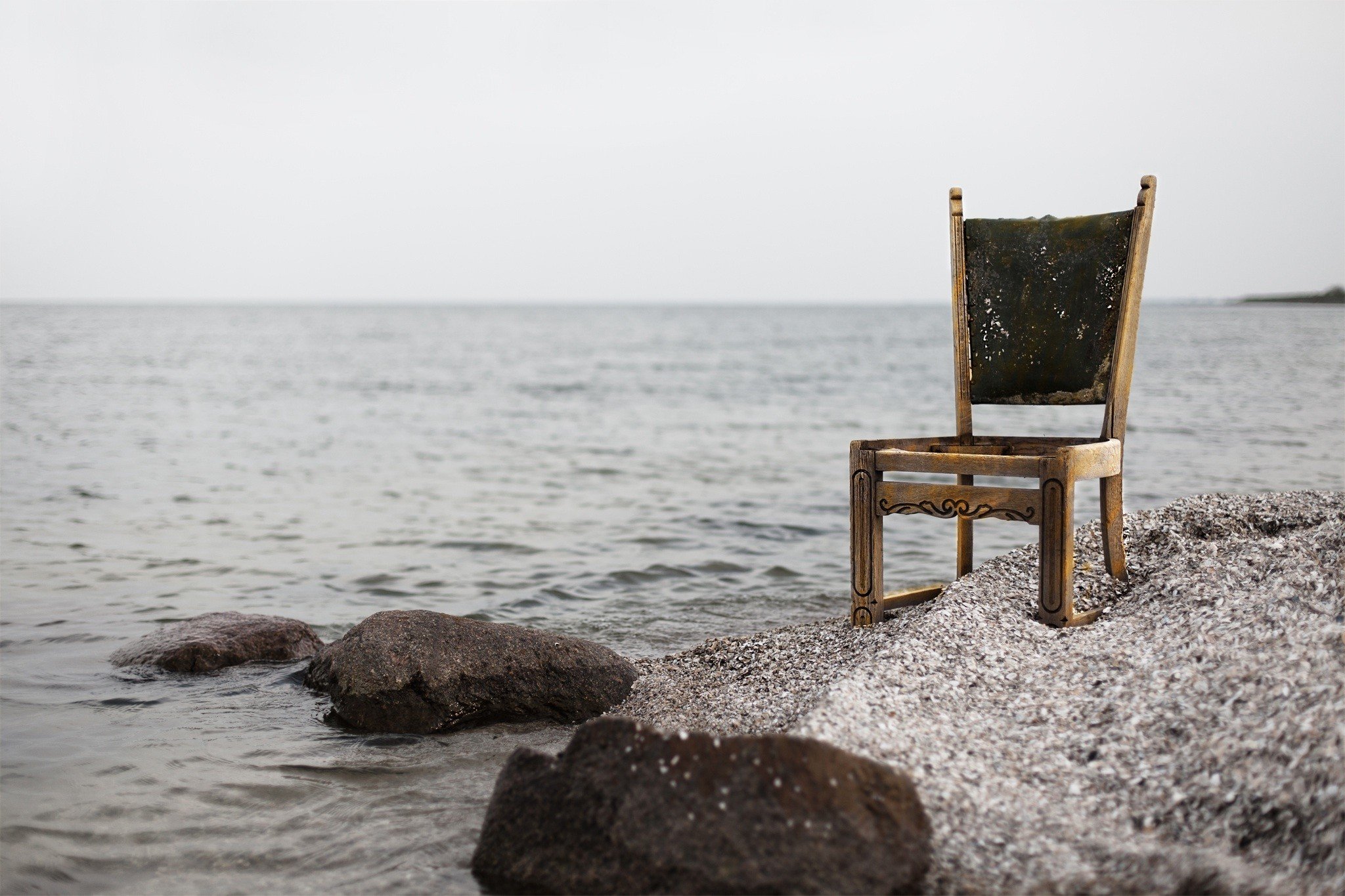 photography, Water, Sea, Chair, Rocks Wallpaper