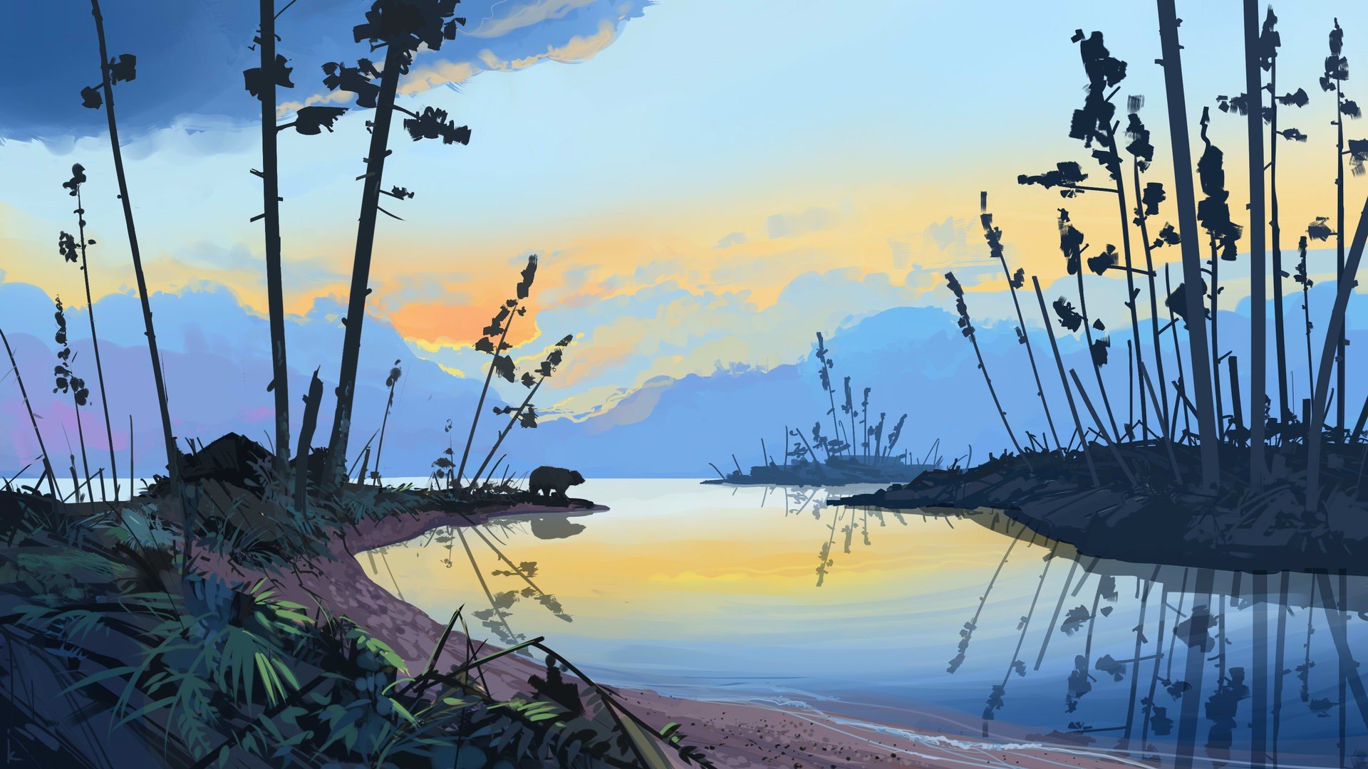  illustration  Artwork Sunset Forest Landscape Water 